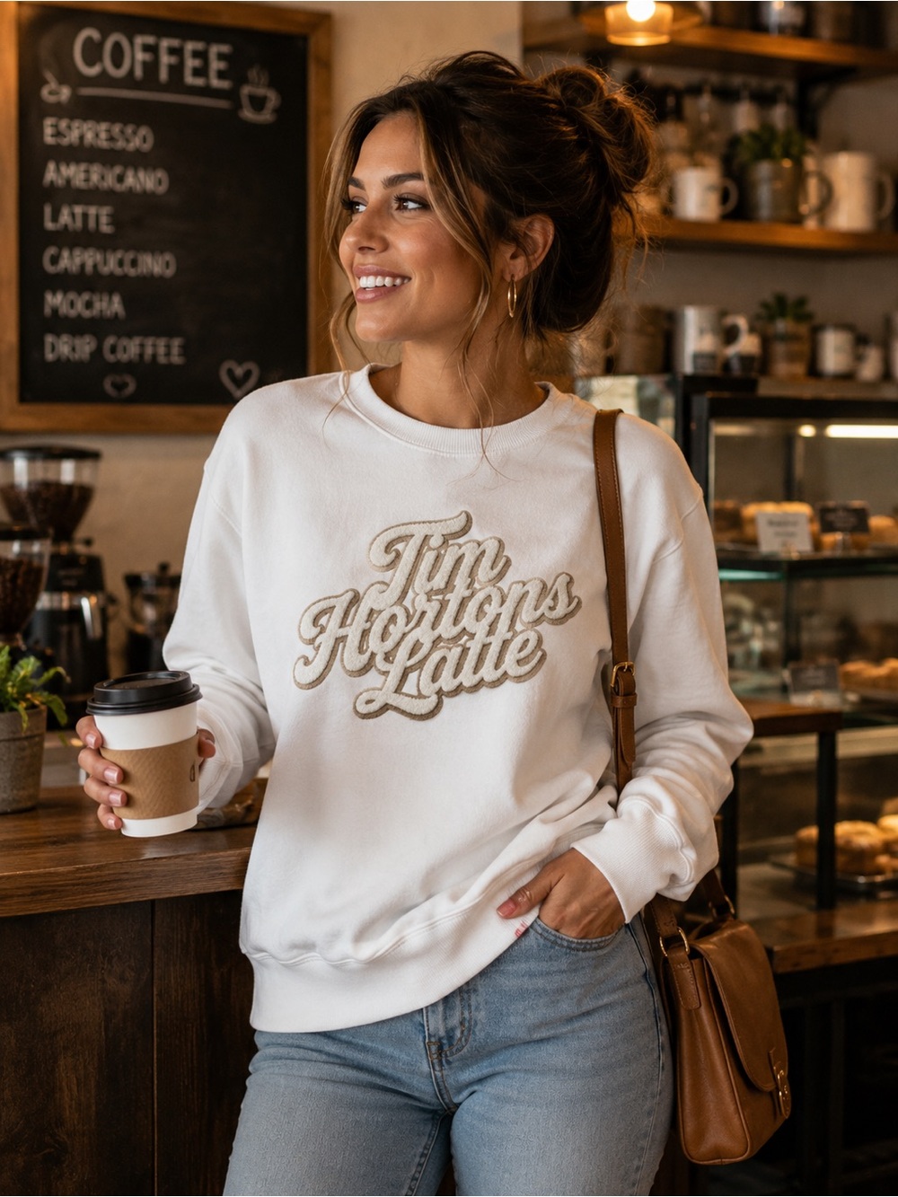 Tim Hortons Latte Embroidered White Sweatshirt - M